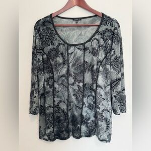 Sami & Jo Women’s Velvet Burnout Black Gray Floral Blouse 3/4 Sleeve Size 1X